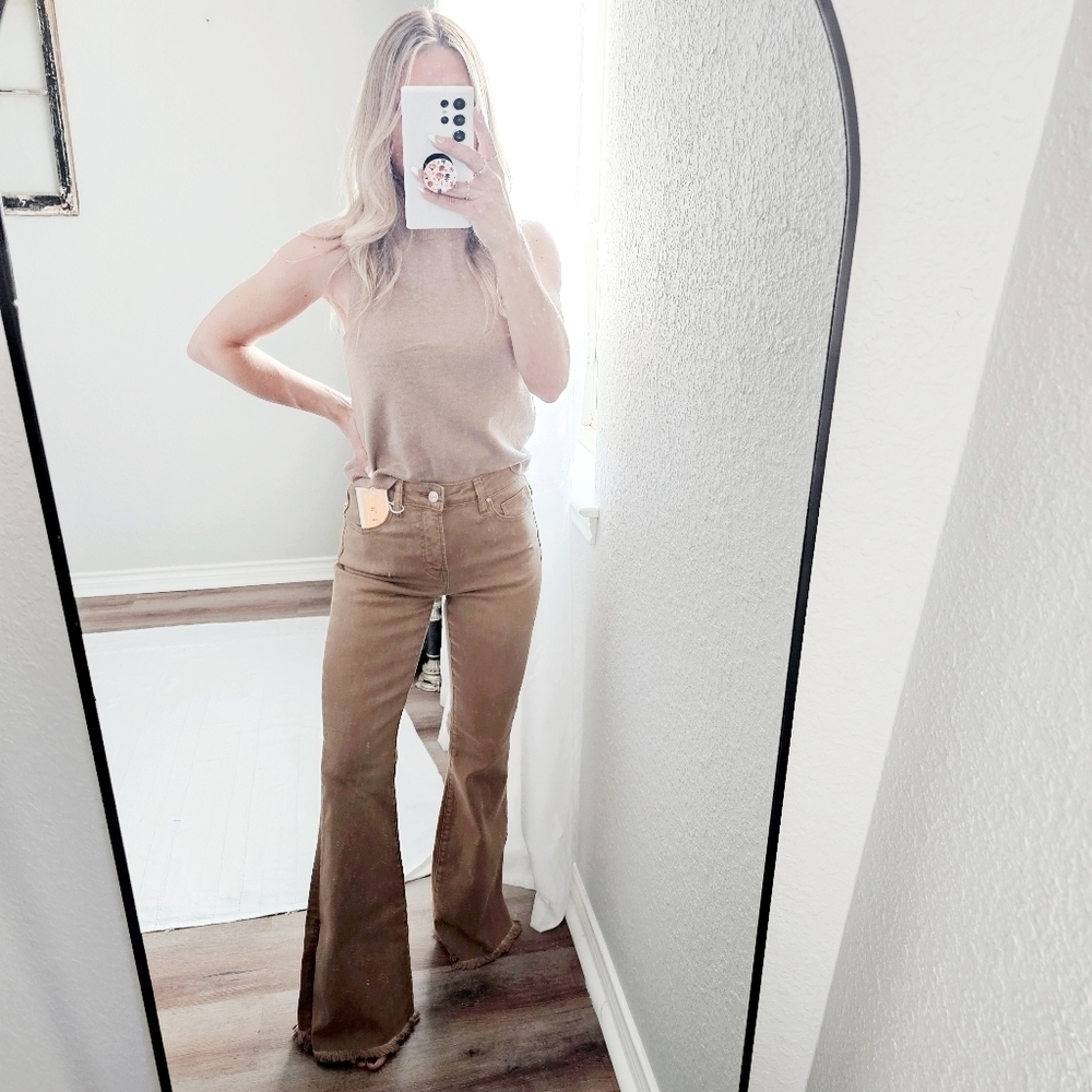 RISEN High Rise Frayed Split Hem Flare Jeans Classic Retro Neutral Various NEW